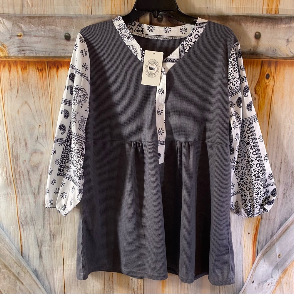 NXH Empire Waist Top Long Bishop Cottony Sleeves / Waffle Bodice Lightweight NWT